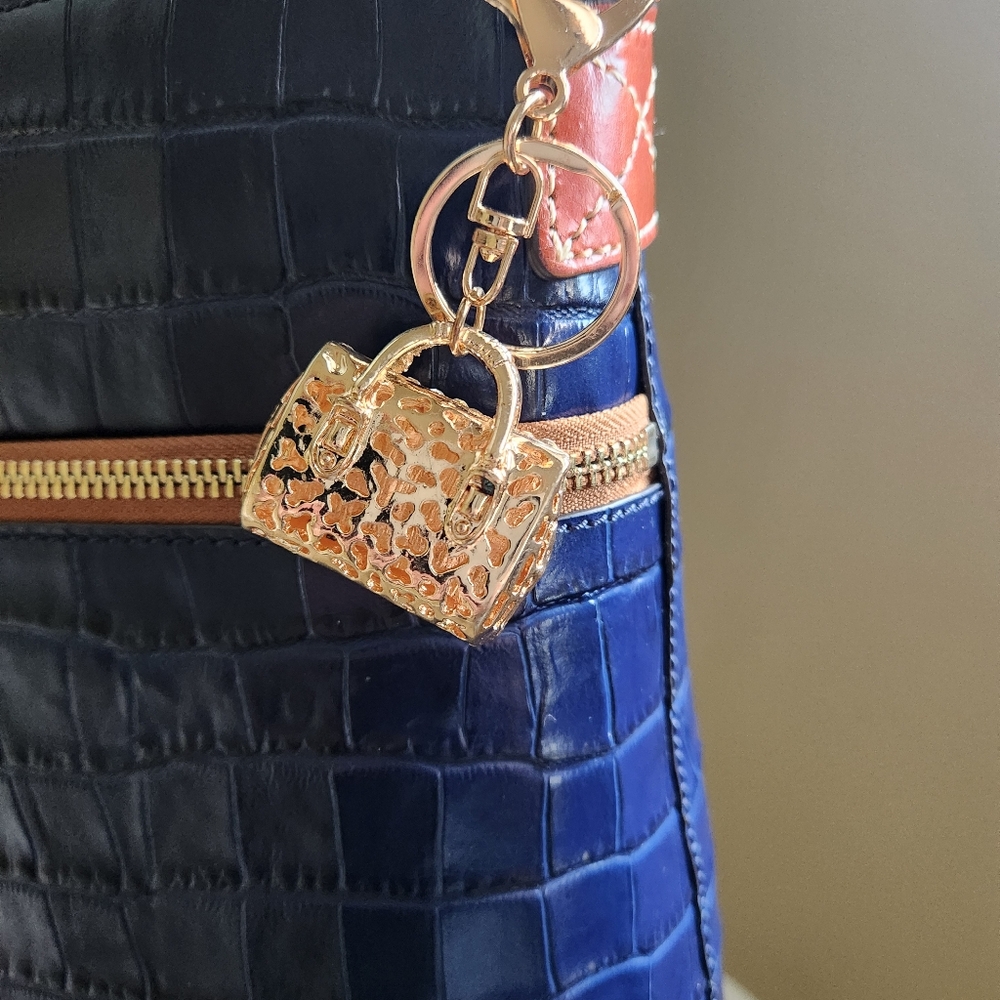 New Rhinestone Handbag Bag Charm Keychain Purple Red With Gold Detailing - Picture 4 of 6